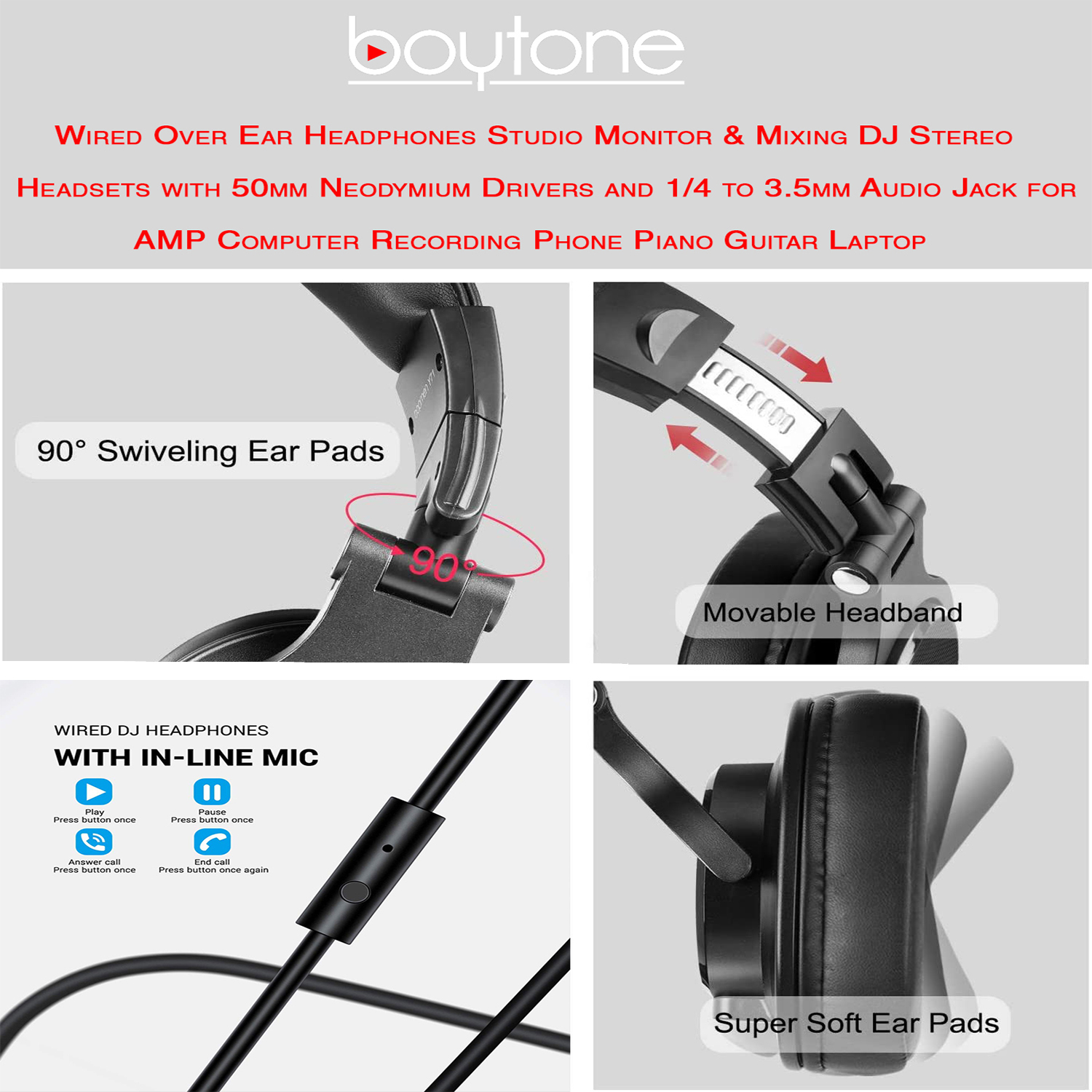 Boytone BT-10BK Wired Over Ear Headphones Studio Monitor & Mixing DJ Stereo Headsets with 50mm Drivers