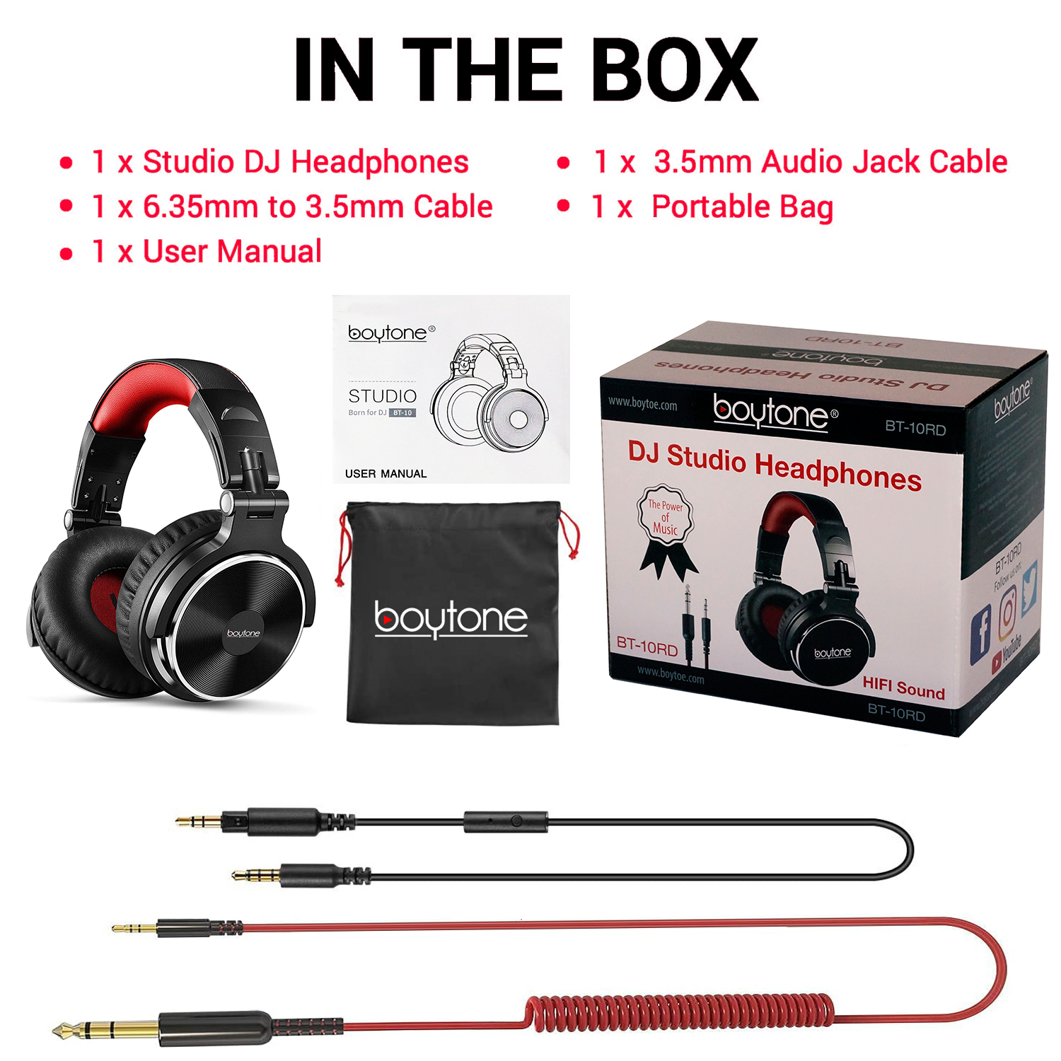 Boytone BT-10RD Wired Over Ear Headphones Studio Monitor & Mixing DJ Stereo Headsets with 50mm Drivers