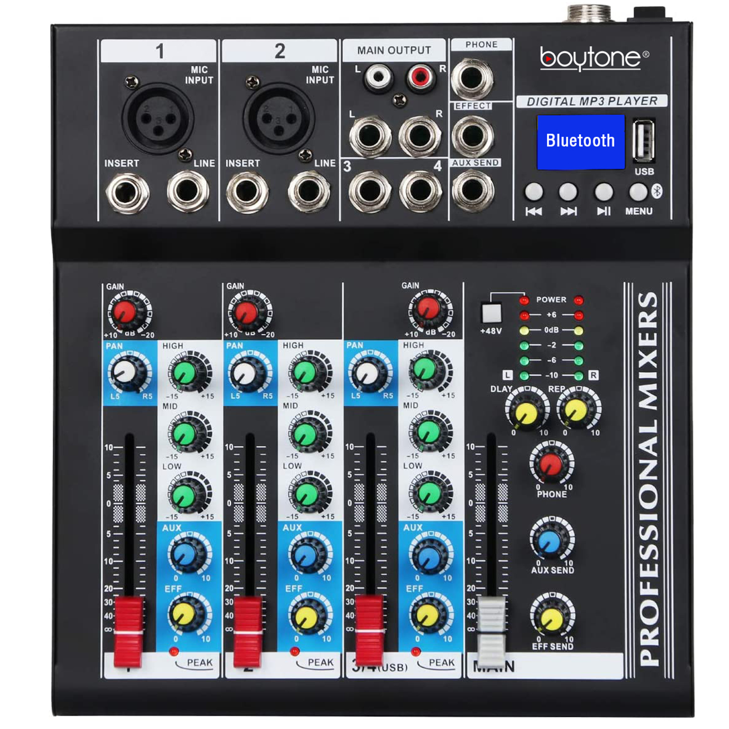 Boytone BT-34MX Professional Audio Mixer Sound Board Console System Interface 4 Channel Digital USB Bluetooth Digital MP3 Computer Input 48V Phantom Power Stereo DJ Studio Streaming FX processor