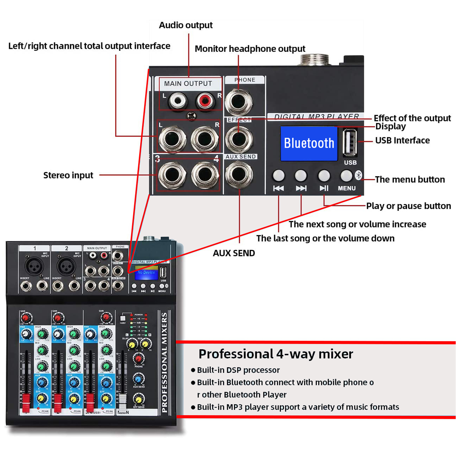 Boytone BT-34MX Professional Audio Mixer Sound Board Console System Interface 4 Channel Digital USB Bluetooth Digital MP3 Computer Input 48V Phantom Power Stereo DJ Studio Streaming FX processor