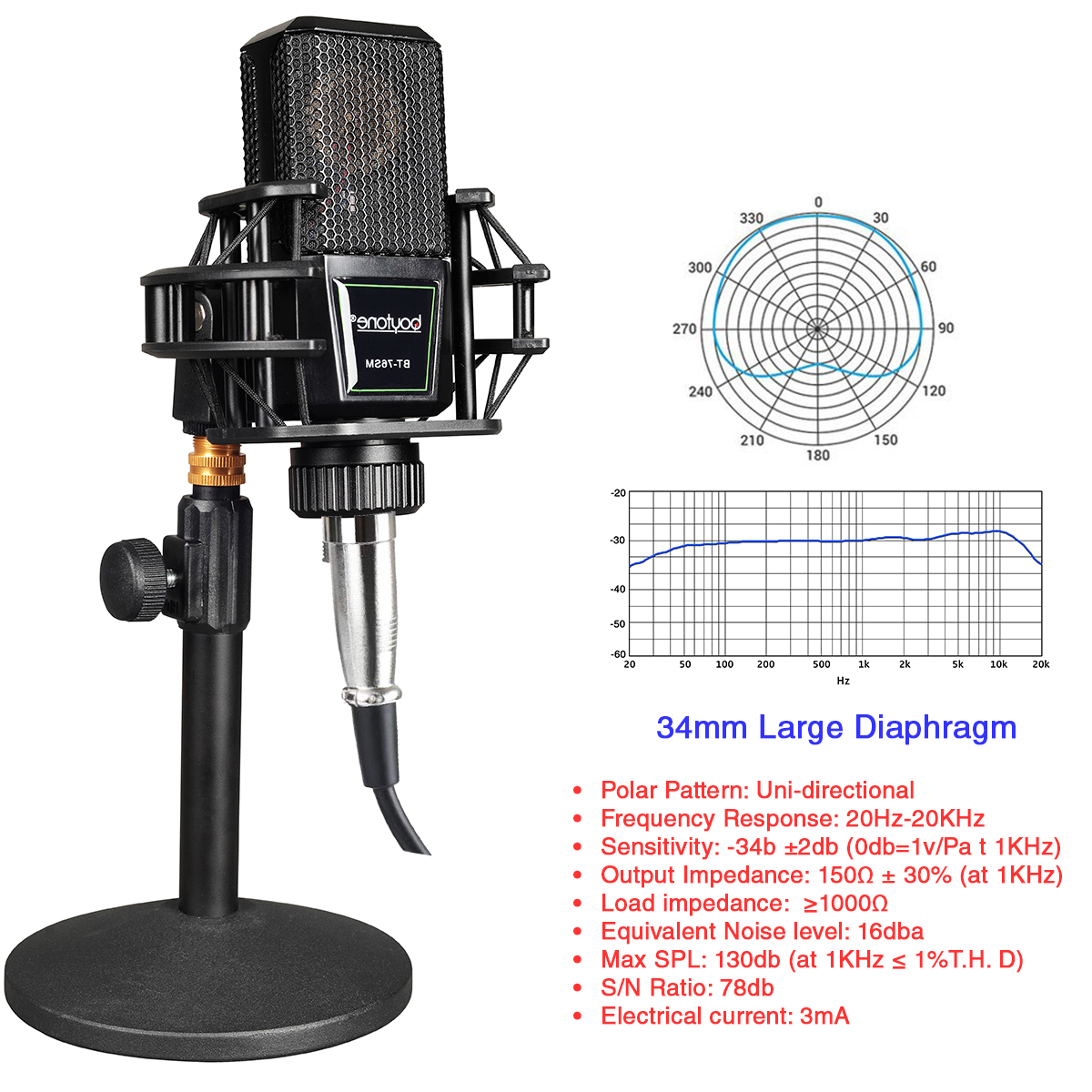 Boytone BT-76SM Professional Cardioid Condenser Studio Microphone, 34mm Large Diaphragm