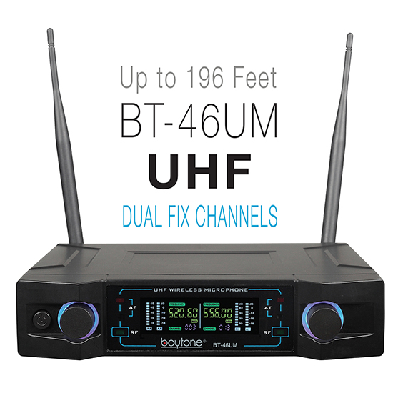 Boytone BT-46UM UHF Digital Channel Wireless Microphone System – Dual Fixed Frequency Wireless